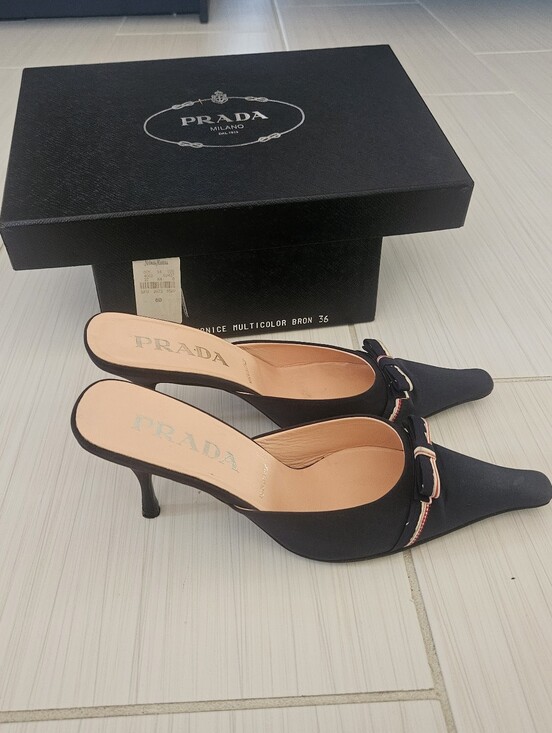 Prada Shoes - Prada Black Pointed-Toe Kitten Heel Mules with Buckle Trim: VERNICE MULTICOLOR